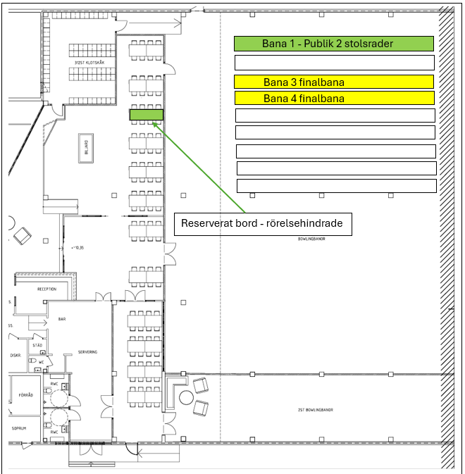 Kartbild över eventhallen med utrymningsvägar