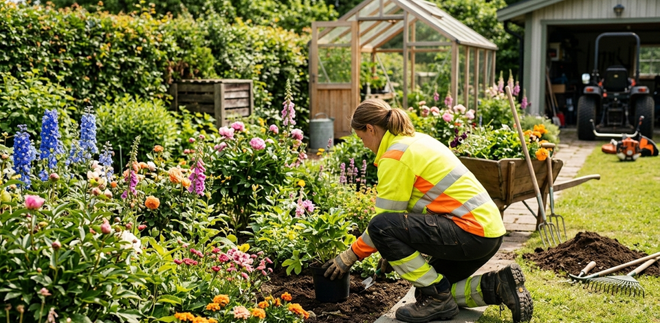 En kvinna som arbetar i en trädgård