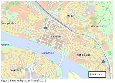Kartillustration över Umeå tätort som visar placering av luftmätningsstationer på Västra Esplanaden, Öst på stan och på Skolgatan.