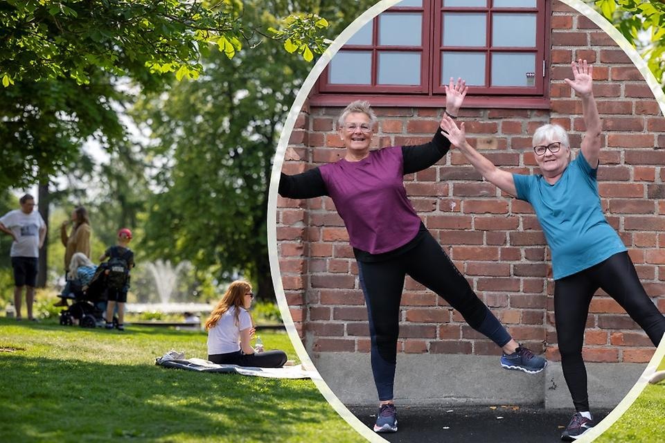 En bild med två damer som utför en balansövning samt i bakgrunden skymtar Döbelnspark