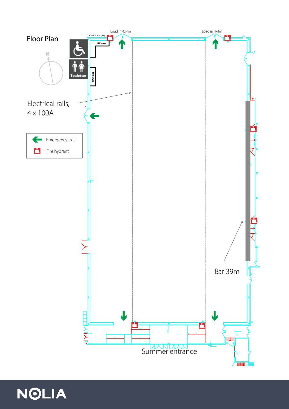 Kartbild över eventhallen med utrymningsvägar