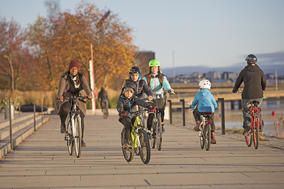 föräldrar och barn cyklar på en cykelväg, höst