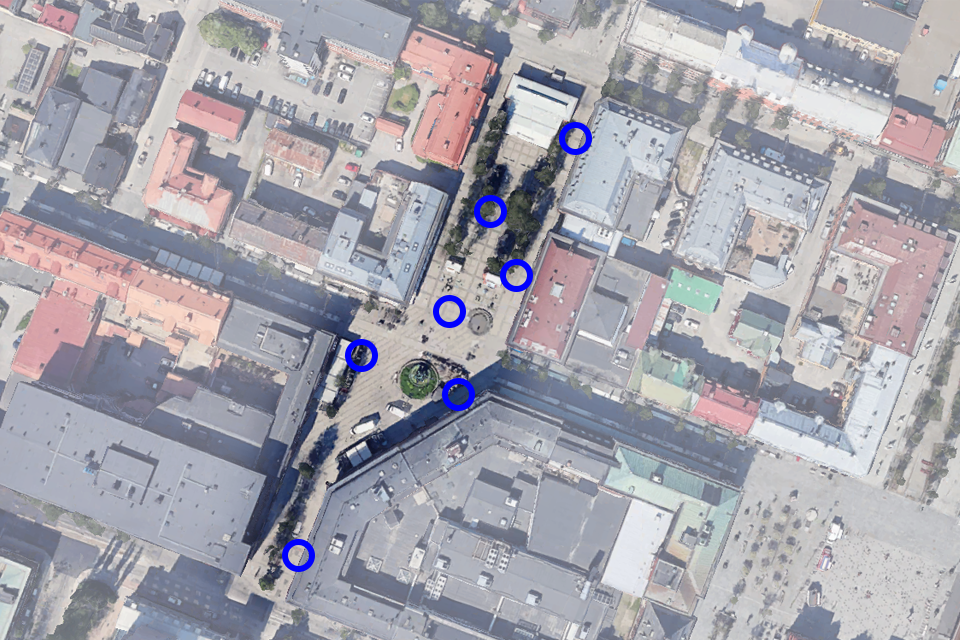 Flygbild över Renmarkstorget med borrpunkter