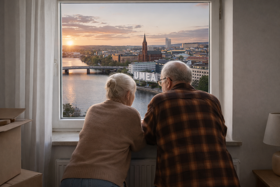 Två seniorer tittar ut genom ett fönster med utsikt över Umeå