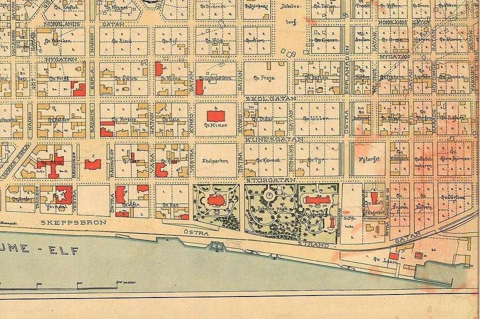 ”Karta öfver Umeå stads planlagda område jemte förstaden Haga, upprättad 1899 af William Stolpe, stadsingenjör”.