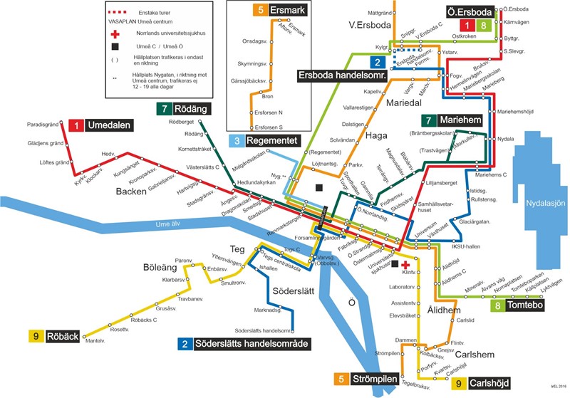 Karta över Umeås busslinjer för kollektivtrafik inom tätorten.