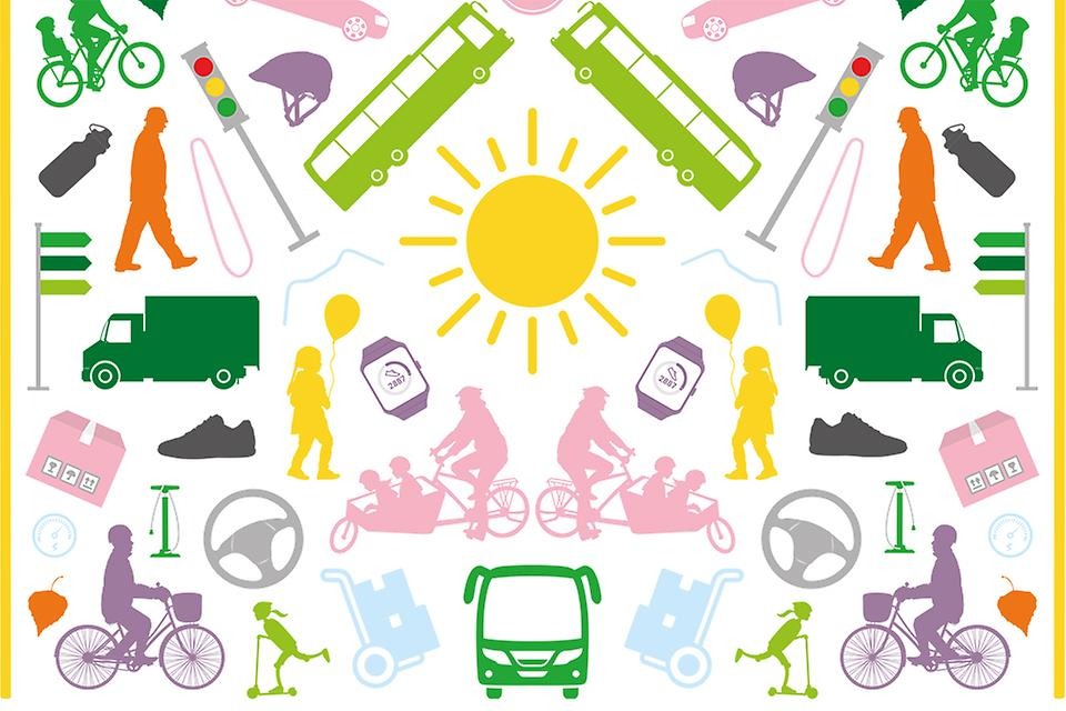 tecknade bilar, bussar, cyklar, barnvagnar, människor, barn