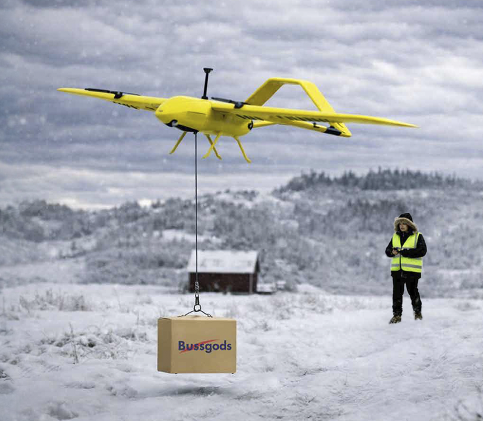 Visualisering av en gul drönare som kommer flyga post och paket