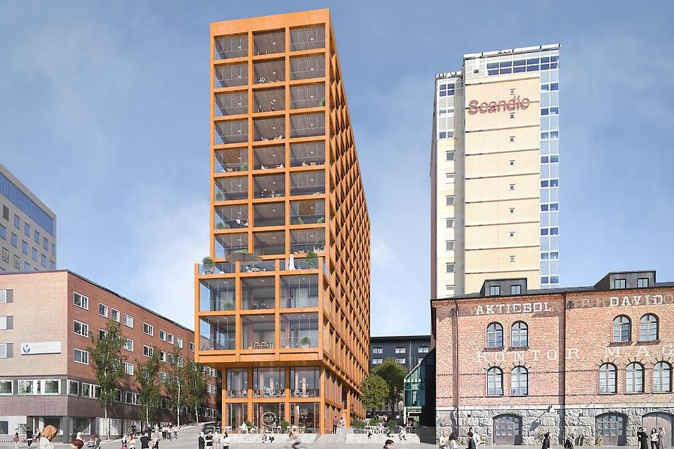 3D illustration över ny byggnad mellan Scandic och Clarion. Byggnaden har stora glaspartier och är 13 våningar hög.