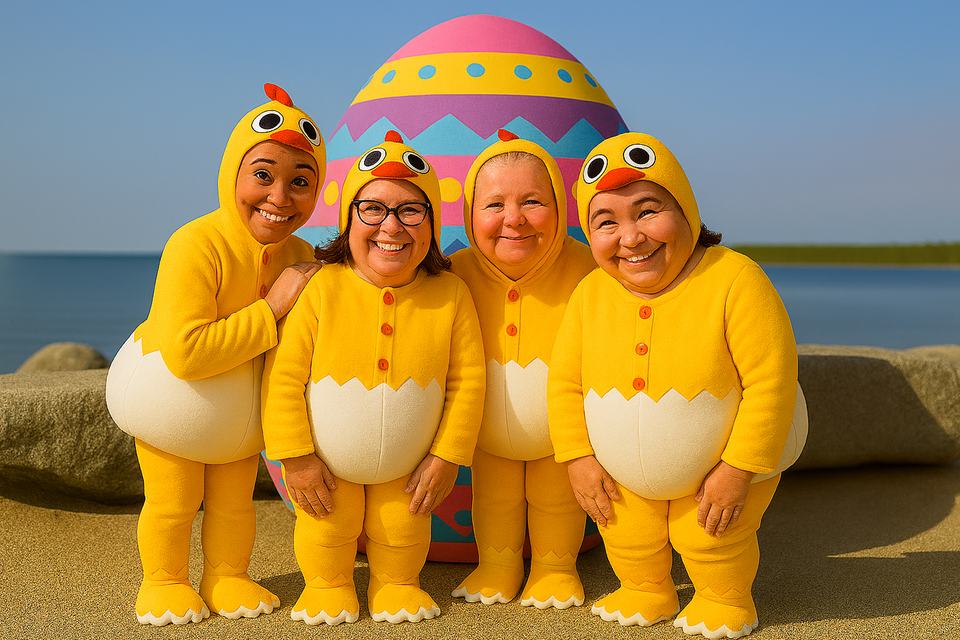 AI-genererad bild på Seniortorgets fyra medarbetare som påskkycklingar