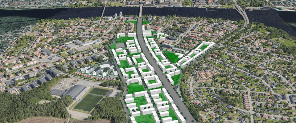 Skärmdump från 3D-modellen som visar hur Teg kan komma att utvecklas. Nya byggnader och kvarter är markerade som vita klossar/volymer.