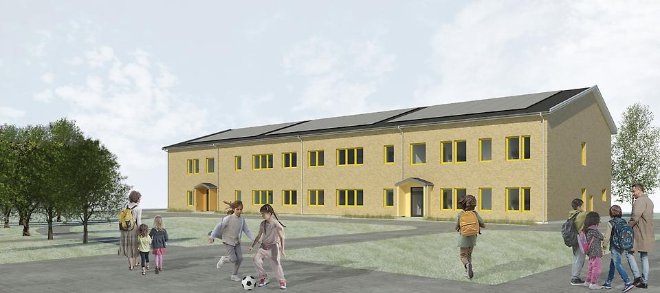 Illustration som visar den nya skolbyggnaden vid Hedlundaskolan. Illustration av Arkinova.
