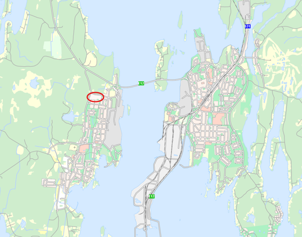 Översiktsbild över Obbola och Holmsund. Exploateringsområdet är inringat med röd ring.