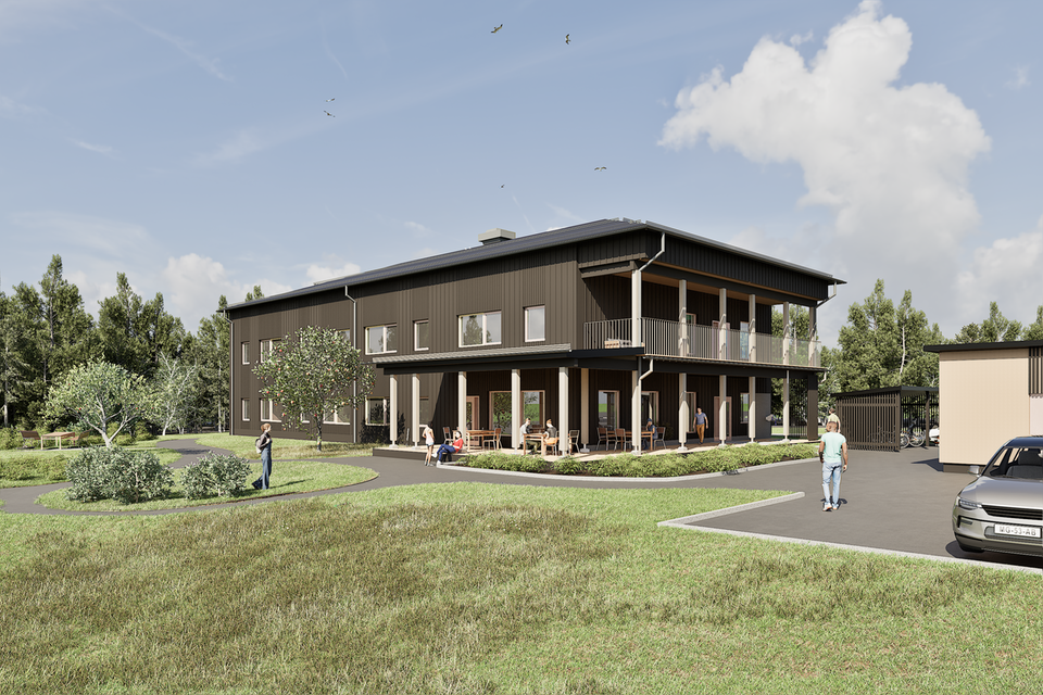 Visualisering av tvåvåningshus i trä.