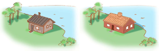 Illustration som visar samma tomt i två bilder. I bild två har tidigare hus ersatts med ett nytt.