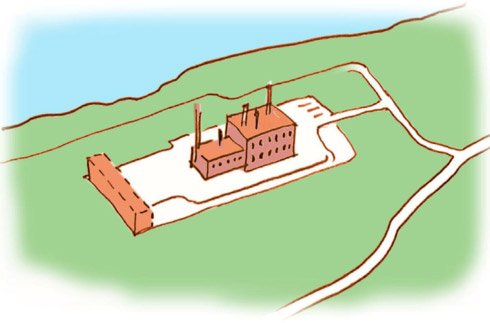 Illustration över en liten fabrik som utökar sin verksamhet