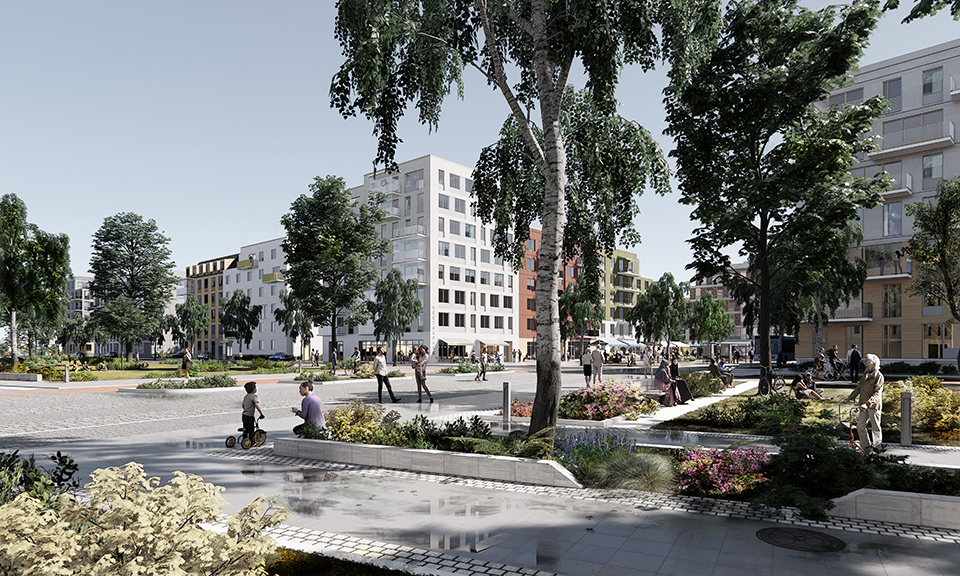 Bilden är en arkitektskiss över stadsdelstorget och stadsdelsparken.