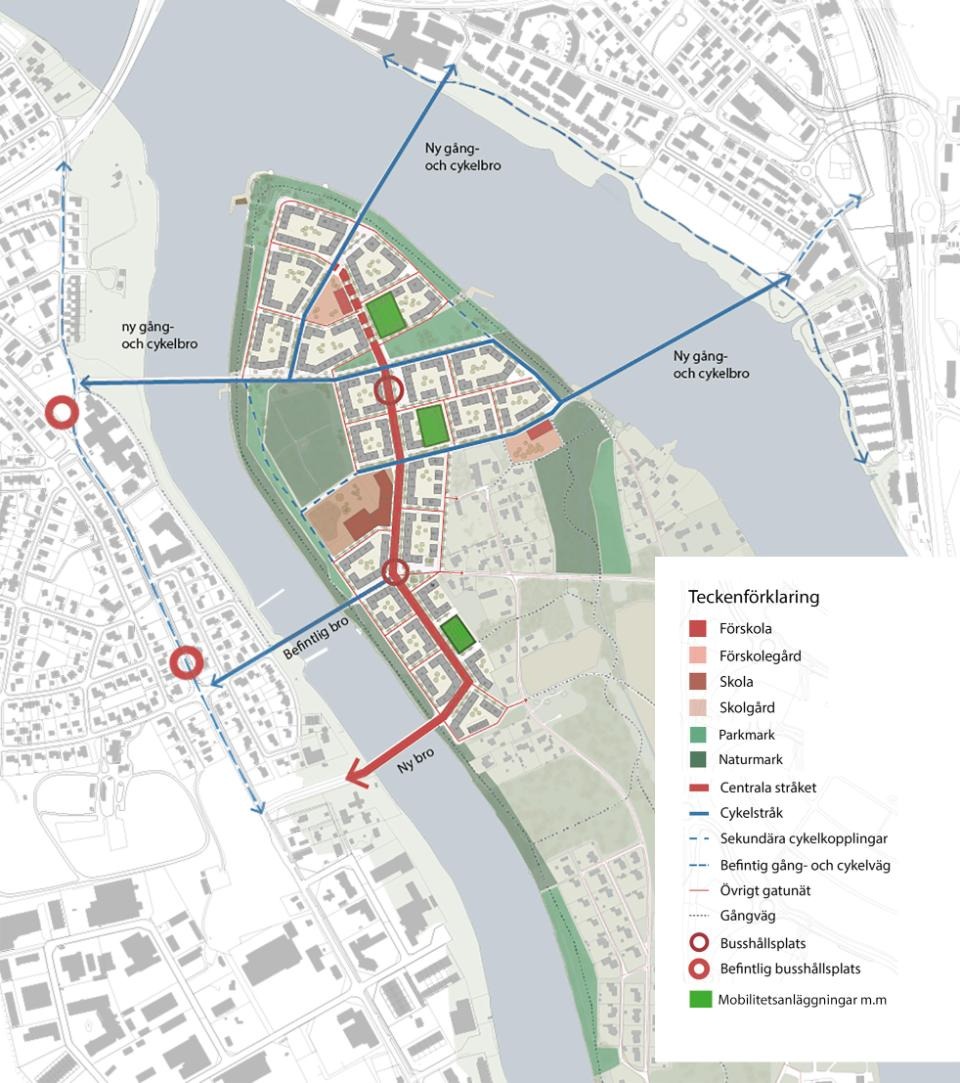 En övergripande plankarta där man kan se byggnadernas placering, park och natur, mobilitetsanläggningar, förskolor, skola, gång- och cykelvägar och bilvägar.