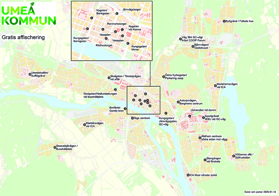 Karta på platser där man får affischera i Umeå