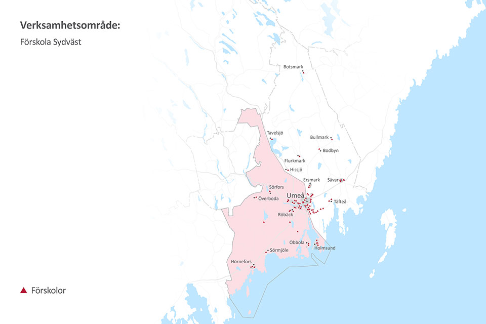 Karta över kommunala förskolors i verksamhetsområde Sydväst