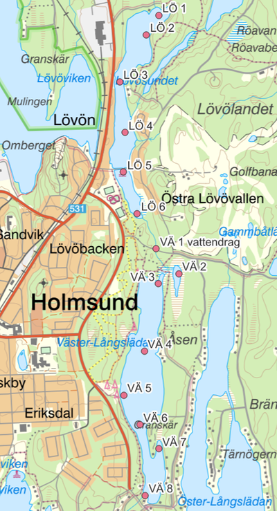 Karta över sjöarna Lövösundet och Västerlångslädan i Holmsund.