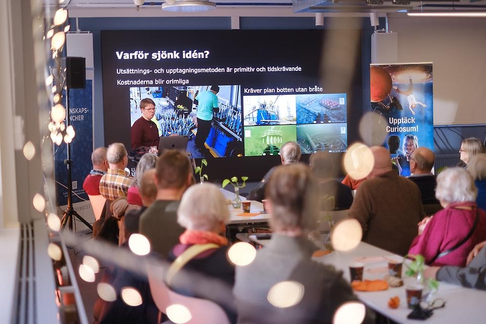 Bild från Vetenskapsluch med föredragshållare och sittande publik