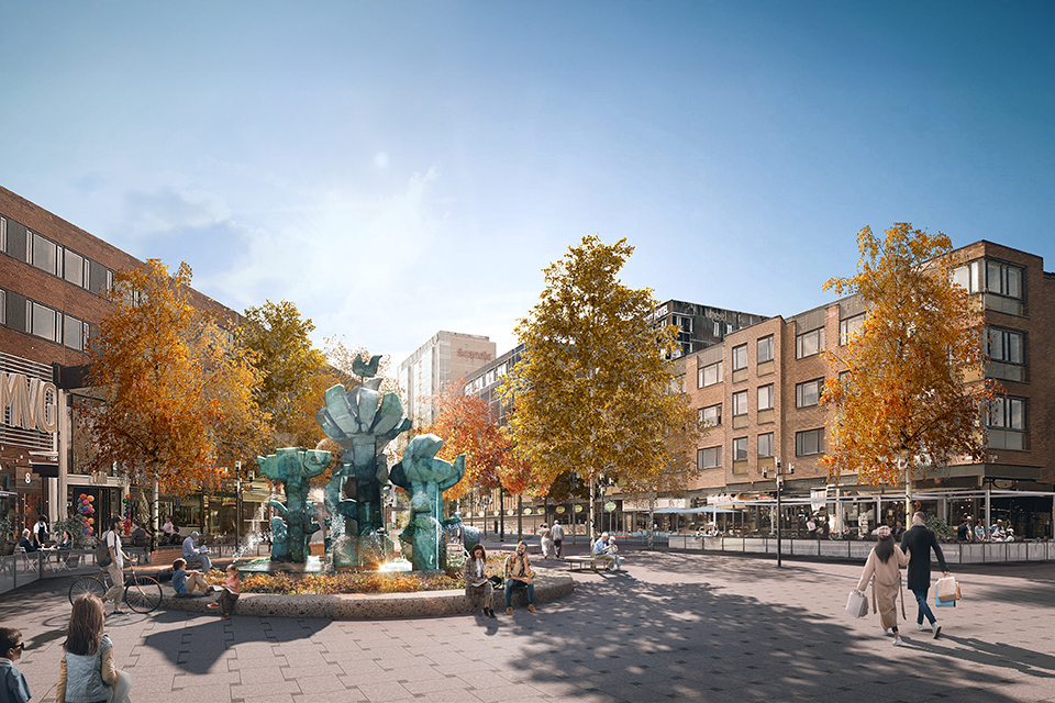 Nya utformningen av den södra delen av Renmarkstorget med Stig Lindberg-fontänen till vänster.
