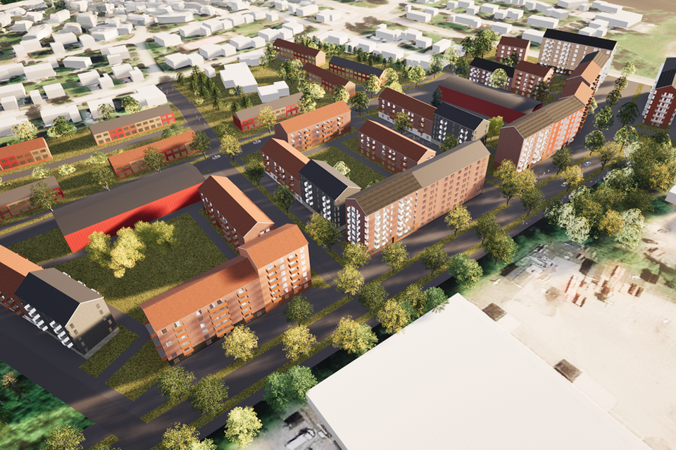 Illustration av ett planerat bostadsområde med flerbostadshus i kvarter, gröna gårdar och träd längs gatorna.