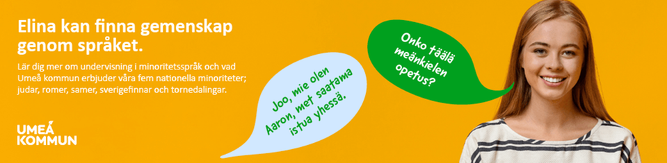 Annonsbild för kampanjen "Rättigheter ger möjligheter" för nationella minoriteter, med flicka och text "Elina kan finna gemenskap genom språket.".