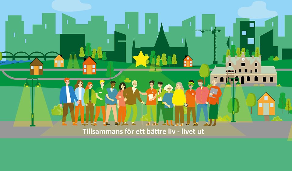 Illustration med stadssiluett, människor och texten Tillsammans för ett bättre liv - livet ut, äldreomsorgens vision. 