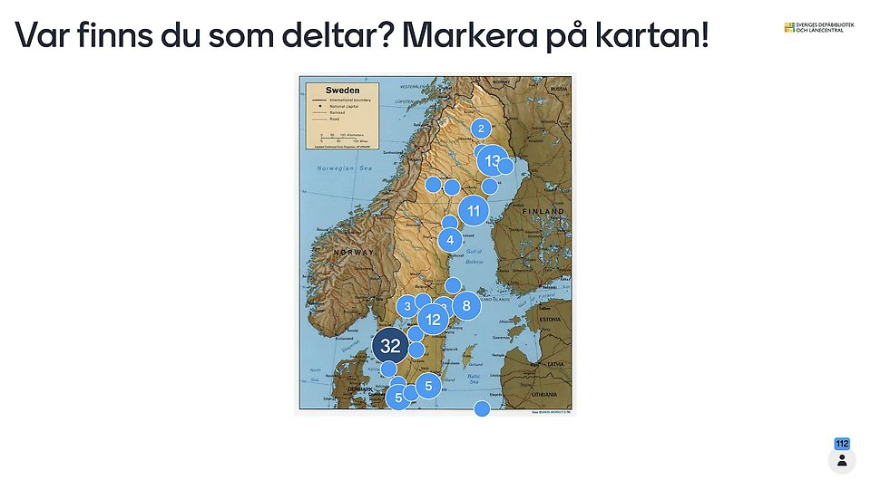Karta på Sverige med 112 deltagare utplacerade utifrån bibliotekshemvist.