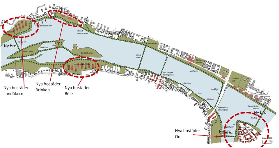 Kartillustration över centrala delen av Umeälven med nya bostäder är utmarkerade.