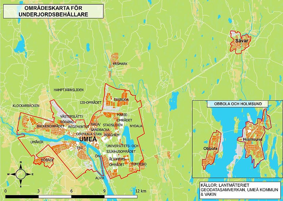 Områdeskarta för underjordsbehållare i Umeå tätort, Sävar, Obbola och Holmsund.
