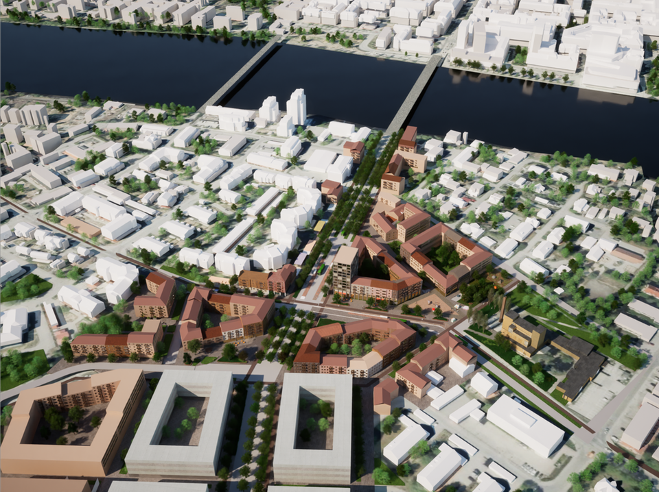 3D-illustration över en möjlig utformning av Tegs centrum. Nya byggnader där det tidigare varit trafikplatser. 