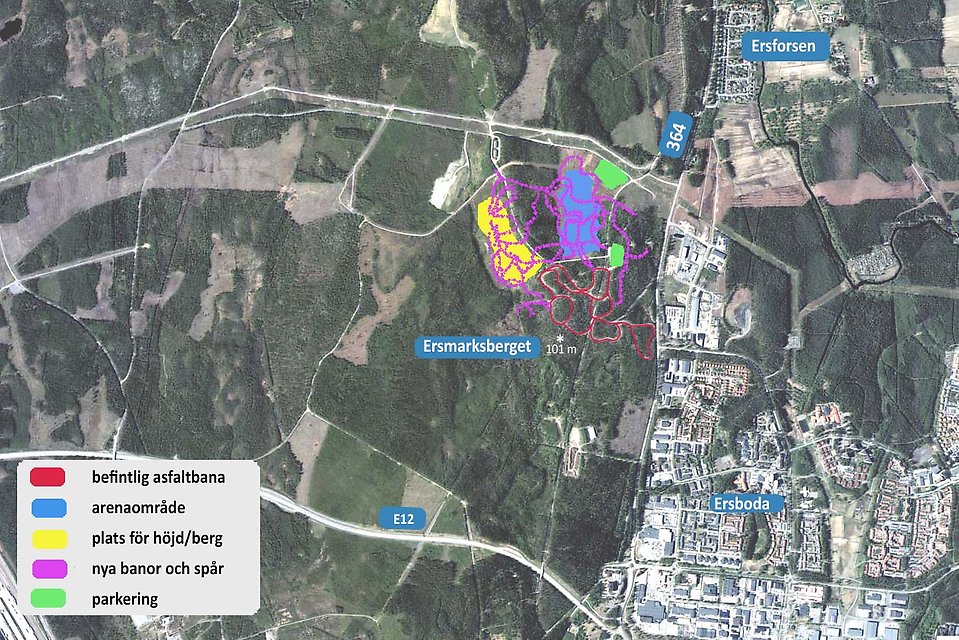 En flygbild över norra Umeå där området för den tänkta multiarenan och friluftsområdet är utmarkerat.