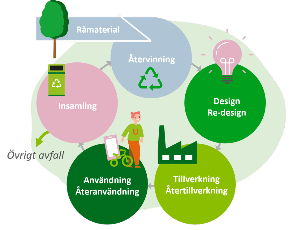 Illustration som visar cirkulär ekonomi  Råmaterial kommer in i cirkeln, Design och re-design, Tillverkning och återtillverkning, Användning och återanvändning, Insamling, Återvinning. Sedan börjar det om.