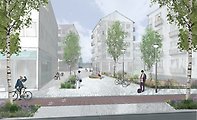 Illustration över framtida möjlig utformning. Hus i cirka 6 våningar.