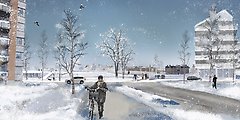 Illustration med en vy från Brogatan. Vintertid med snö. En cyklist leder sin cykel från den nya parken.