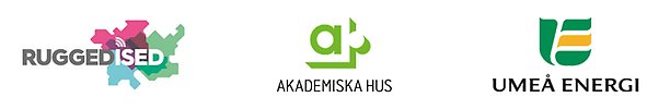 Logotyper för de som står bakom projektet: Ruggedised, Akademiska Hus och Umeå Energi.