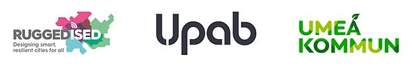 Logotyper för de som står bakom projektet: Ruggedised, Upab och Umeå kommun.