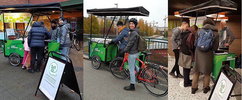 Foto av besökare vid dialogcykeln i olika stadsdelar.