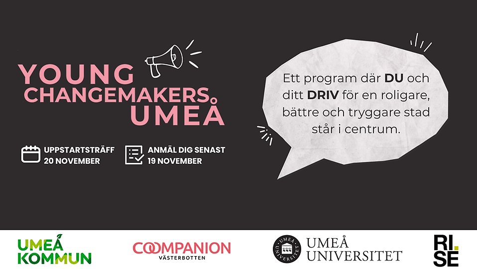 Text i bild: Ett program där DU och ditt DRIV för en roligare, bättre och tryggare stad står i centrum. Young changemakers Umeå. Uppstartsträff 20 november. Anmäl dig senast 19 november. Logotyper: Umeå kommun, Coompanion Västerbotten, Umeå universitet och RI.SE