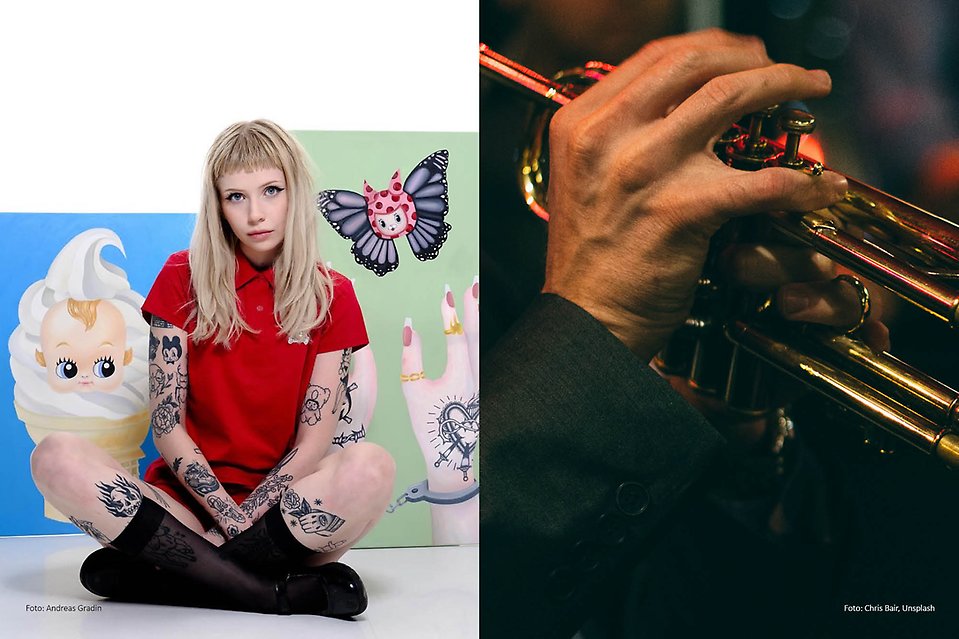 Tova Brodin och en hand som håller i en trumpet.