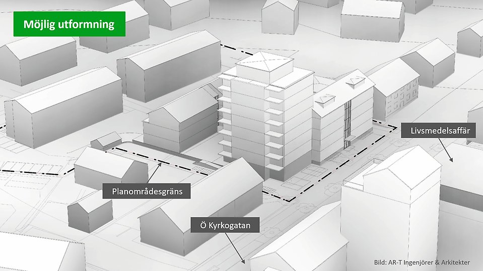 Illustration av en möjlig utformning av ett stadsutvecklingsprojekt. Bilden visar en tredimensionell karta med byggnader i vitt och ett markerat planområde med streckad linje. Ett höghus och en livsmedelsaffär är utpekade, liksom gatan Ö Kyrkogatan. En grön ruta i övre vänstra hörnet har texten 'Möjlig utformning'.