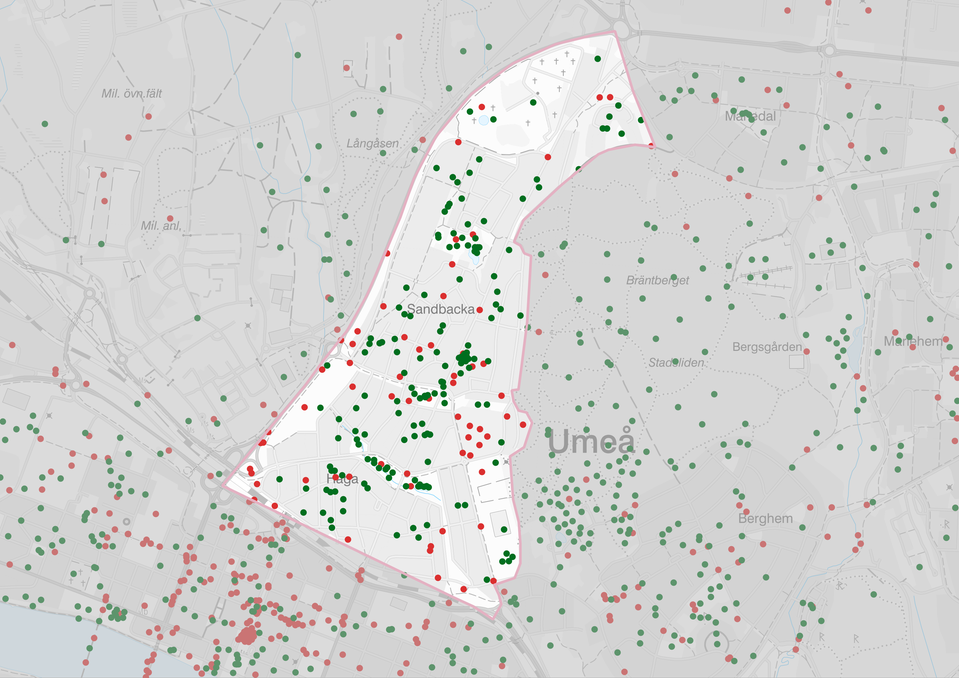 Karta 2: Kartillustration över Haga och Sandbacka som visar var invånarna i Umeå tycker det finns trivsamma och otrivsamma platser.  Gröna och röda punkter är relativt jämnt fördelade över området. Många fler gröna punkter än röda.