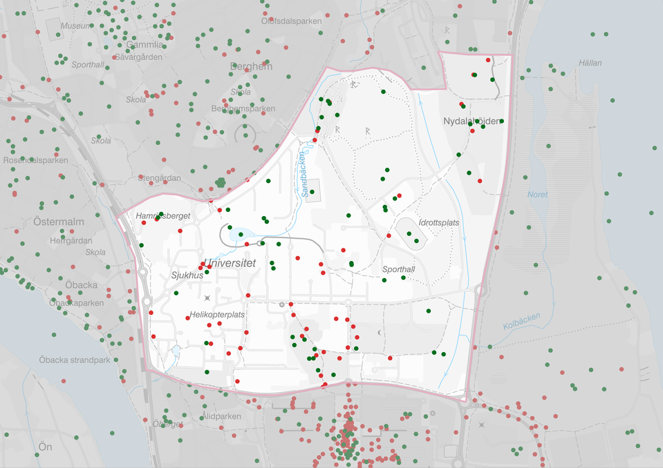 Karta 2: Kartillustration över universitets- och sjukhusområdet som visar var invånarna i Umeå tycker det finns trivsamma och otrivsamma platser. Gröna och röda punkter är relativt lika många i området utspridda utan några egentliga kluster.