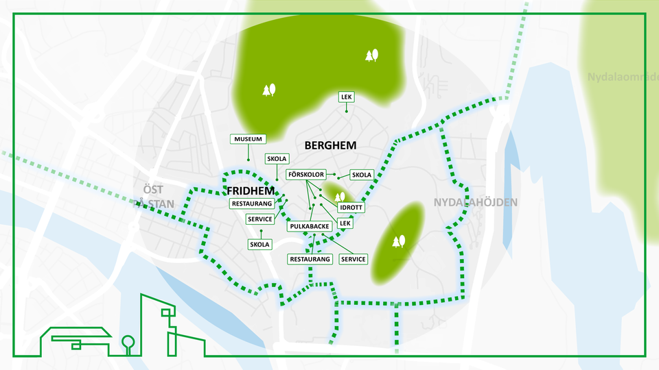 Karta 1: Kartillustration med exempel på funktioner på Berghem och Fridhem.