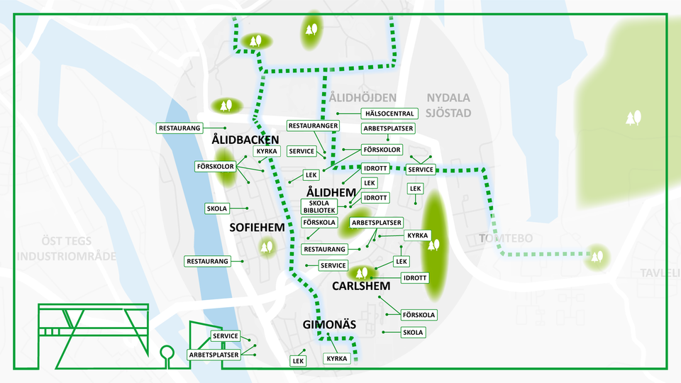 Karta 1: Kartillustration med exempel på funktioner i de östra stadsdelarna.