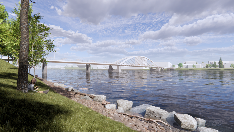 Bilden är en illustration över en av de två gång- och cykelbroarna som planeras. Vyn är från Ön mot Öbacka. Ilustration: &Rundquist