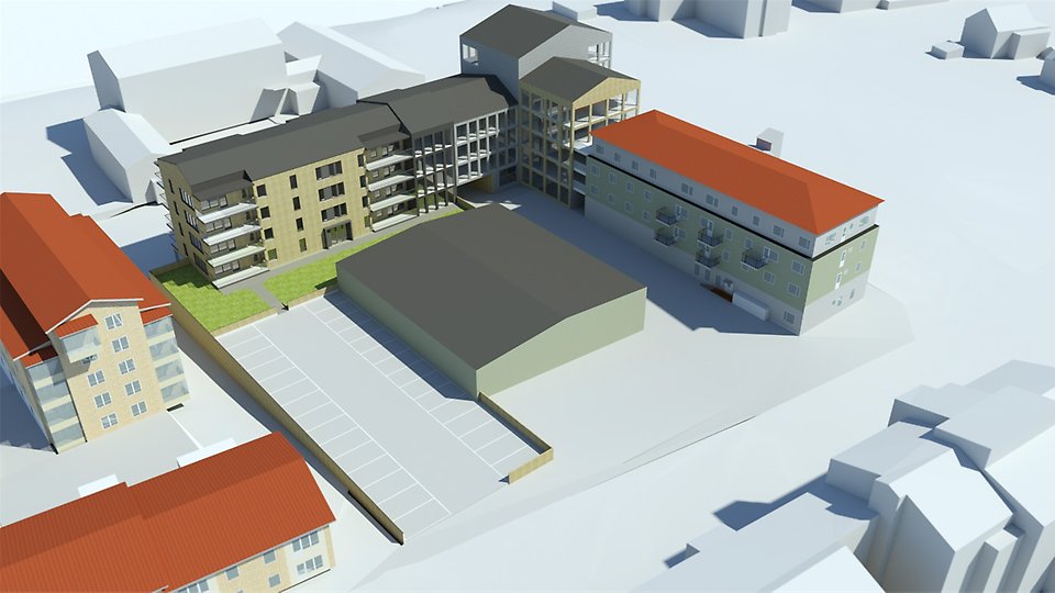 3D illustration som visar möjlig ny bebyggelse. Längs Skeppargatan 5 våningar och mot Tegsesplanaden 6 våningar.